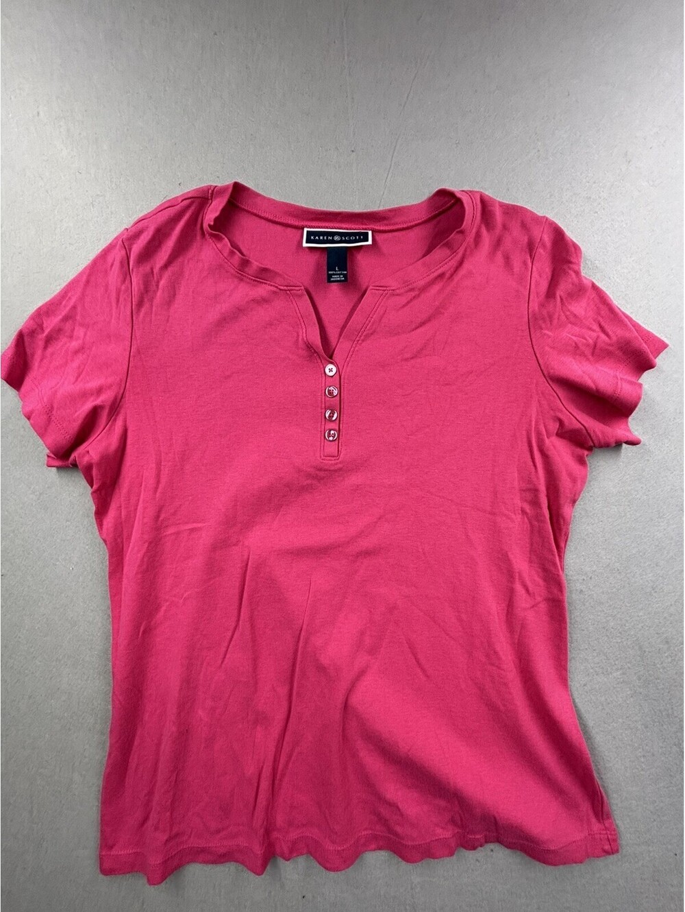 KAREN SCOTT Pink Henley Top Women’s Large Short Sleeve Cotton Split Neck‎